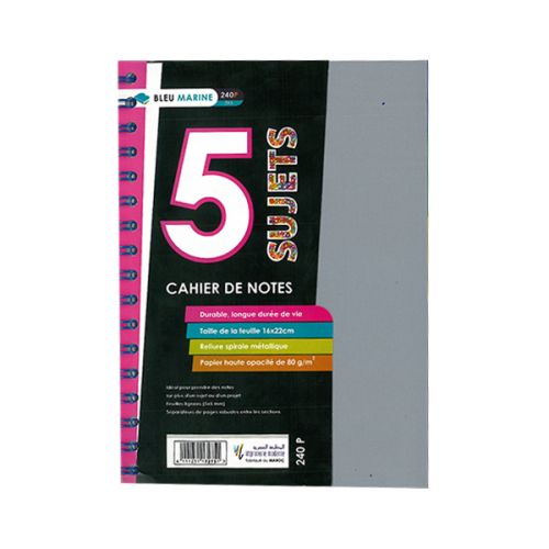 Cahier en spirale de 5 sujets A4 BLEU MARINE 240 pages